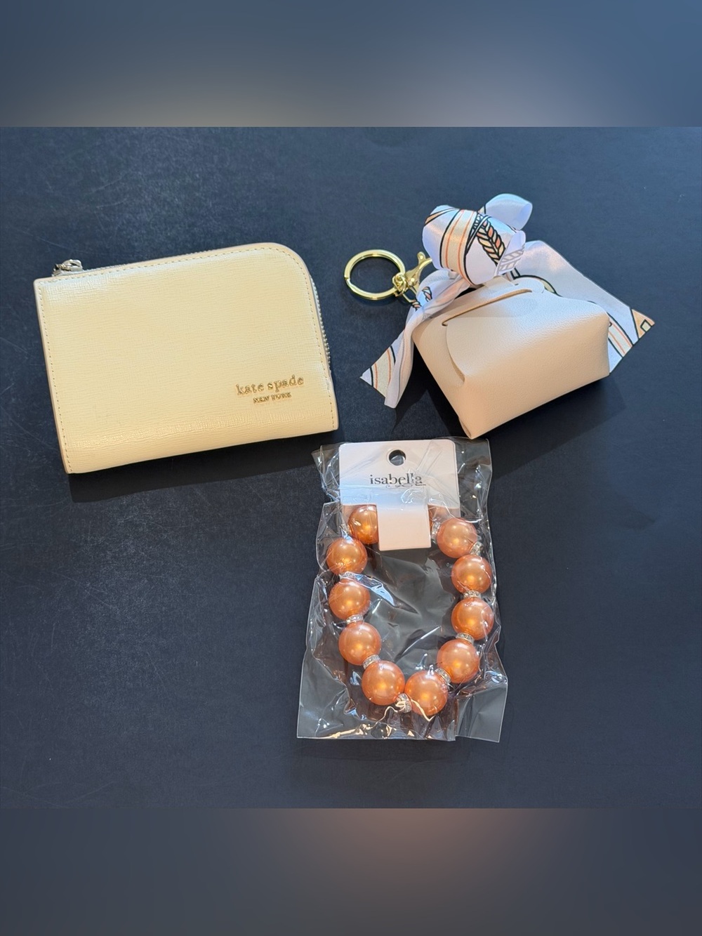 kate spade Cream Card Holder with Gold Key Ring and Scarf Charm